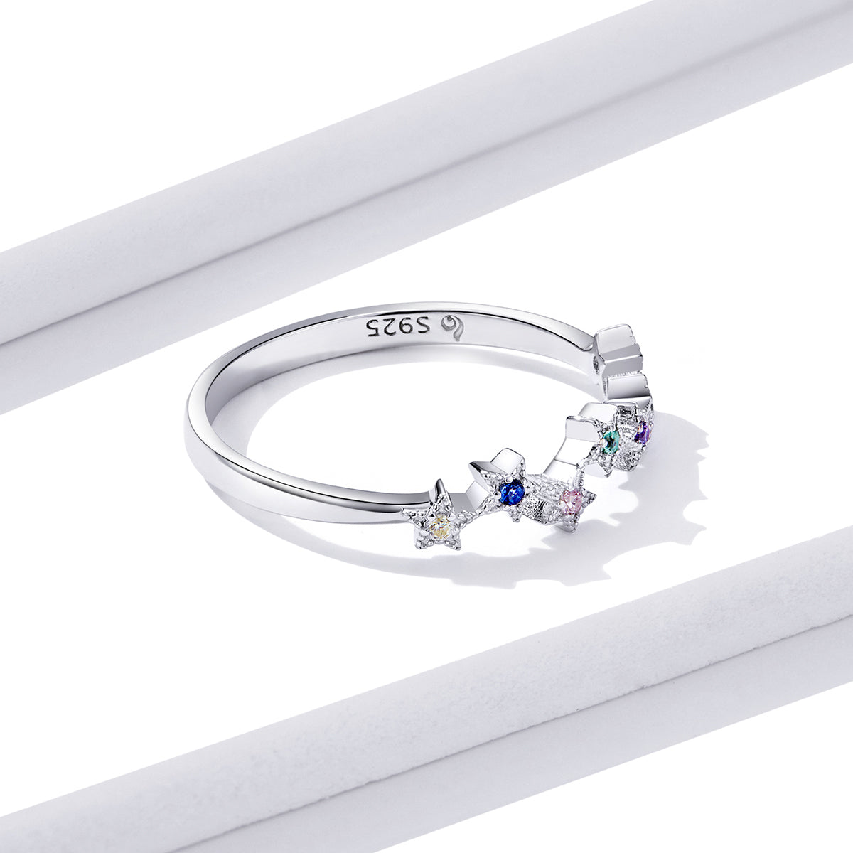 Presentski Dainty Star Ring Color Cubic Zirconia Star Ring 925 Sterling Silver Rainbow Finger Rings for Women Girls Teens