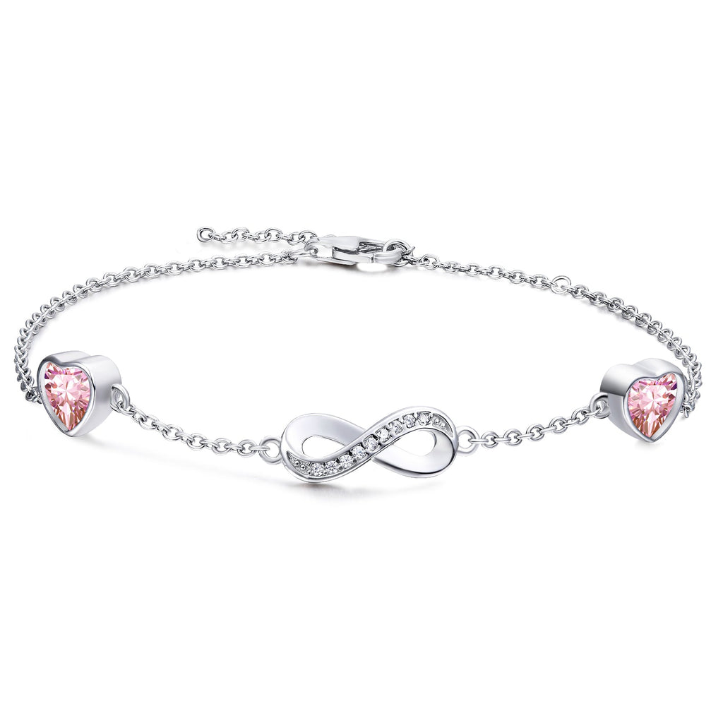 Presentski Infinity Birthstone Bracelet 925 Sterling Silver Adjustable Infinity Symbol Heart Bracelets with 2 Cubic Zirconia Charms Friendship Bangle Birthday Jewellery Gifts for Women Girls