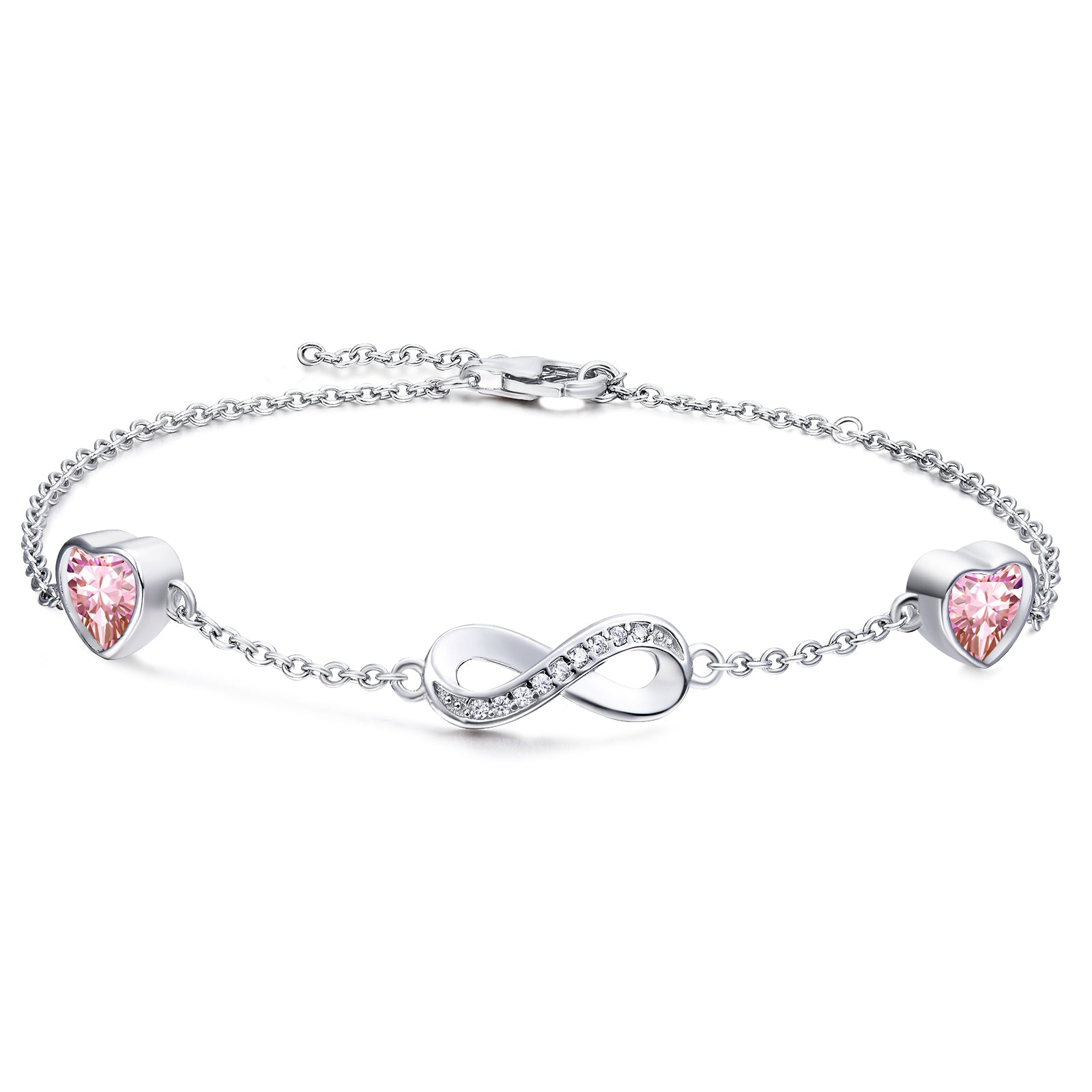 Presentski Infinity Birthstone Bracelet 925 Sterling Silver Adjustable Infinity Symbol Heart Bracelets with 2 Cubic Zirconia Charms Friendship Bangle Birthday Jewellery Gifts for Women Girls