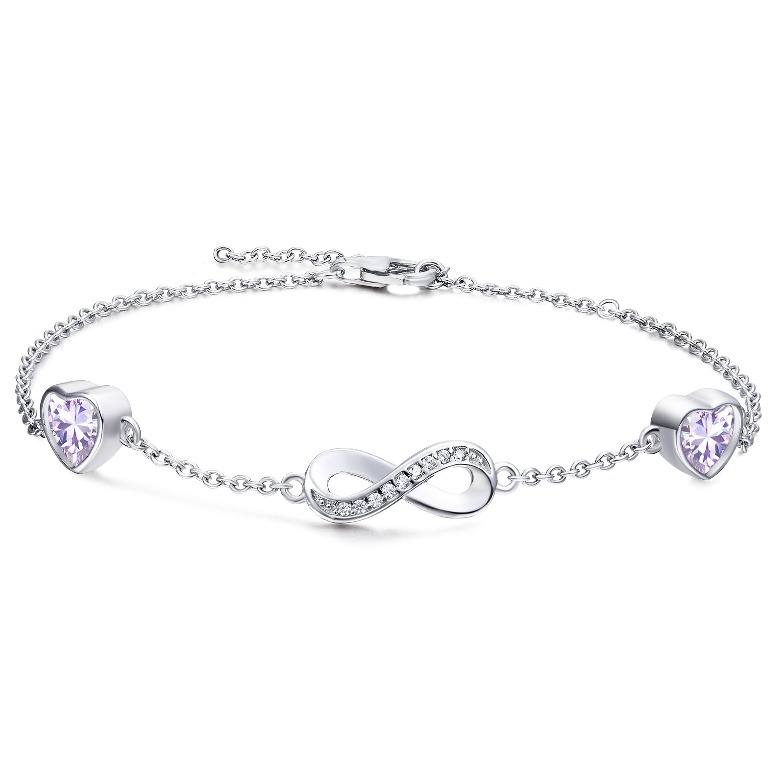 Presentski Infinity Birthstone Bracelet 925 Sterling Silver Adjustable Infinity Symbol Heart Bracelets with 2 Cubic Zirconia Charms Friendship Bangle Birthday Jewellery Gifts for Women Girls