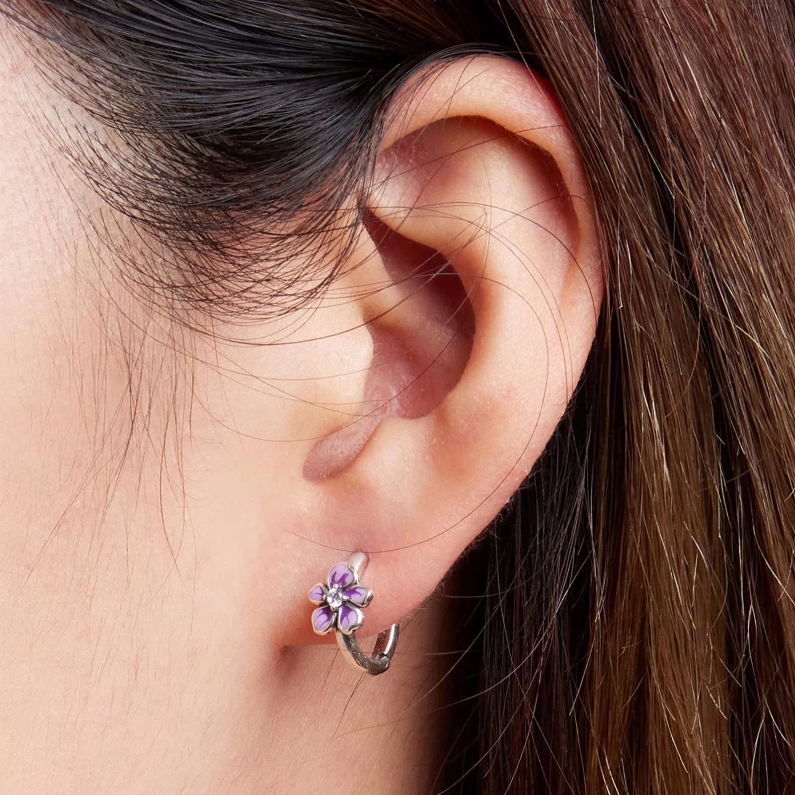 Presentski Flower Huggie Hoop Earrings for Women 925 Sterling Silver Purple Flower Small Hoop Earrings Hypoallergenic Sleeper Earrings for Daughter Girls Teen