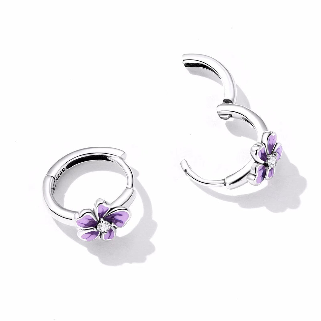Presentski Flower Huggie Hoop Earrings for Women 925 Sterling Silver Purple Flower Small Hoop Earrings Hypoallergenic Sleeper Earrings for Daughter Girls Teen