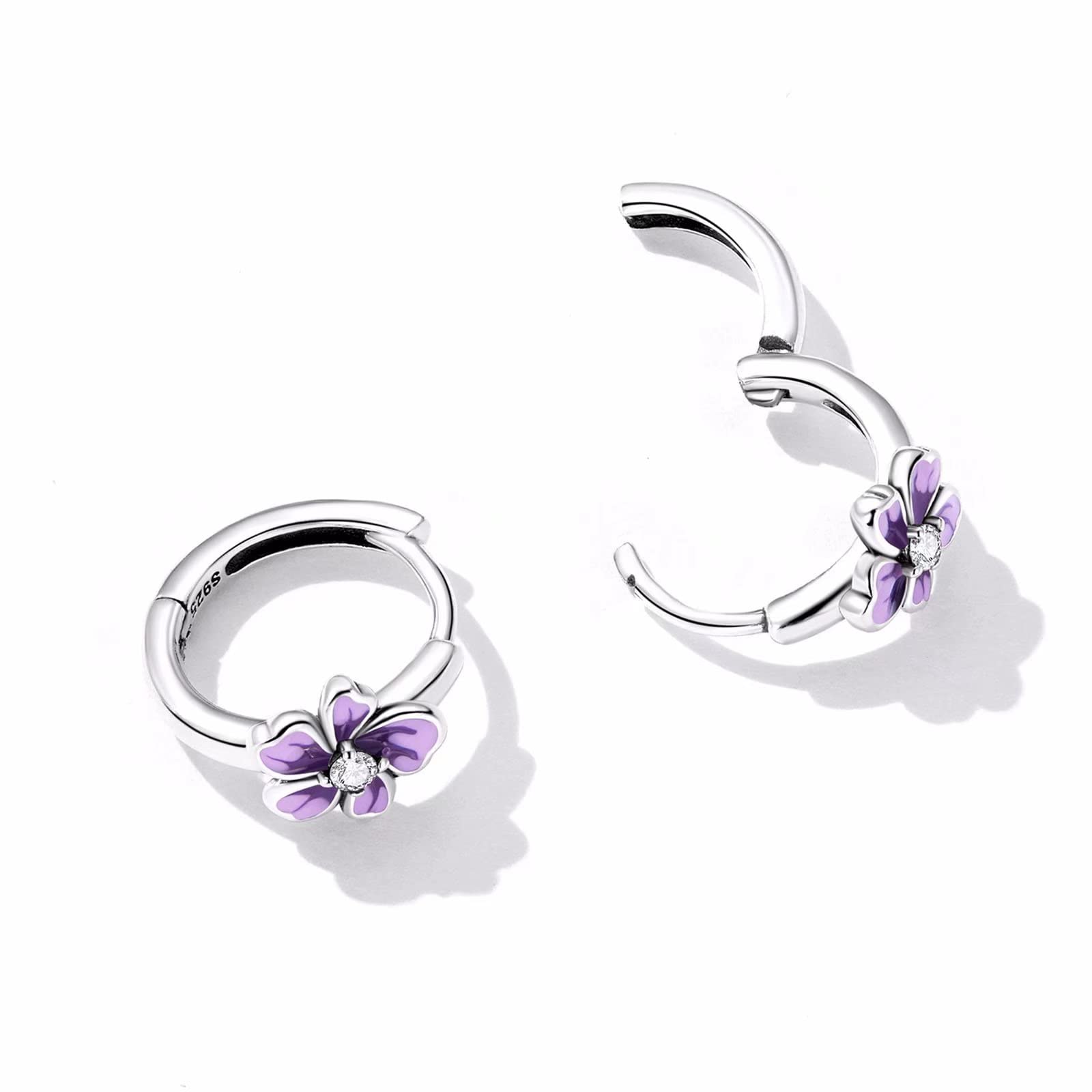 Presentski Flower Huggie Hoop Earrings for Women 925 Sterling Silver Purple Flower Small Hoop Earrings Hypoallergenic Sleeper Earrings for Daughter Girls Teen