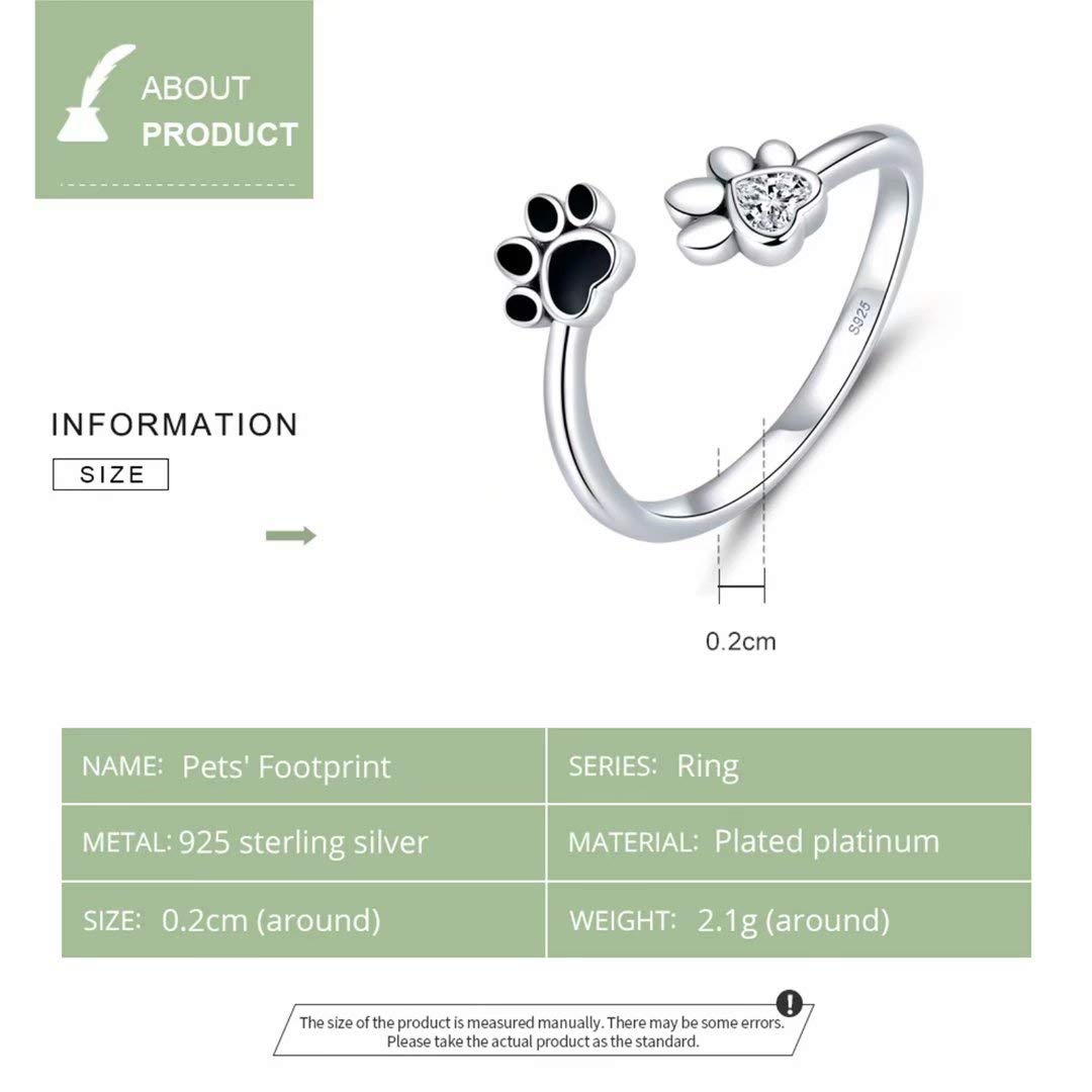 Presentski Pet Footprint Open Ring Silver 925 Sterling Silver Adjustable Zircon Ring A Gift for Mom and Wife